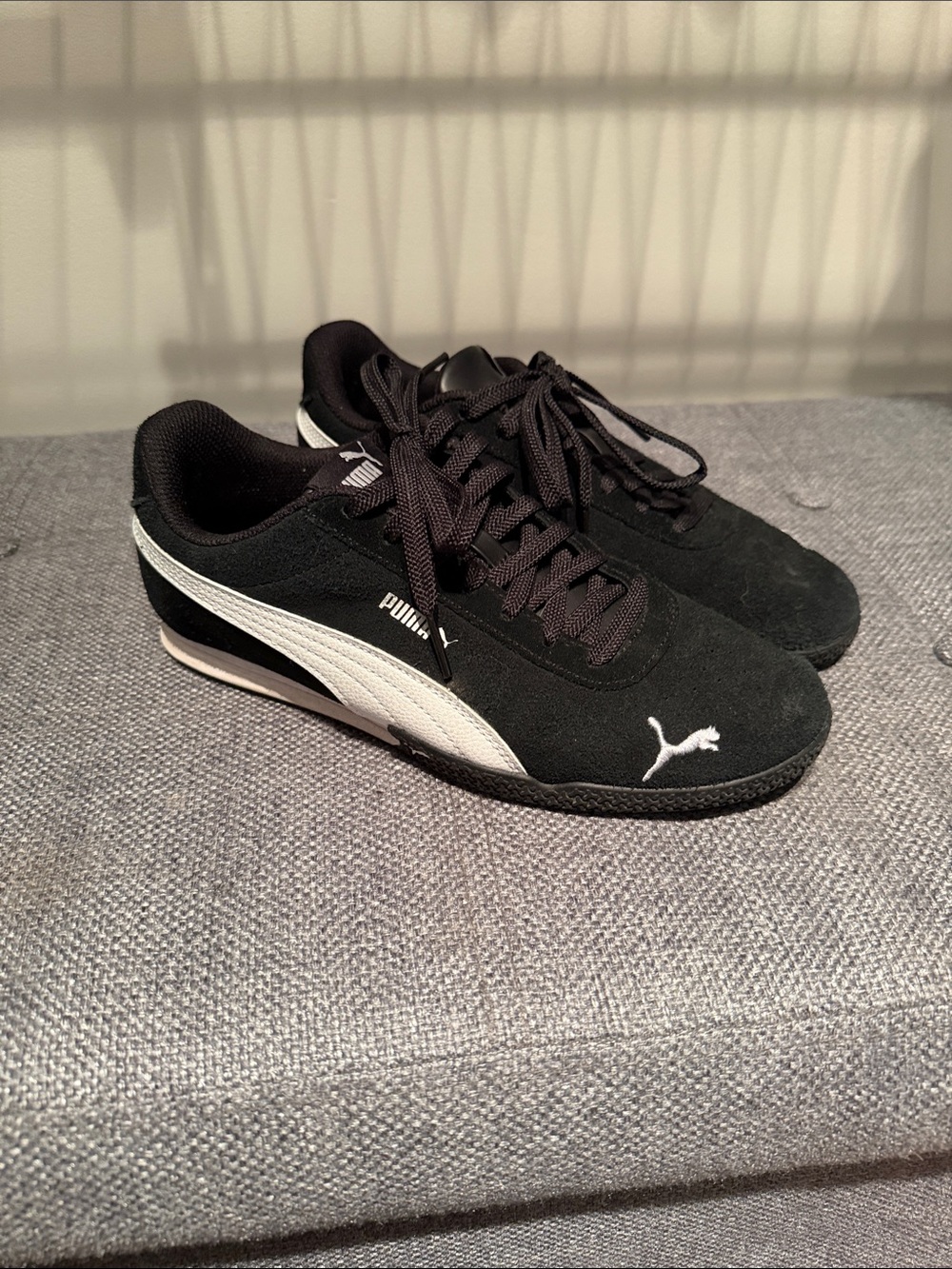 Puma womens Black and White Low-Profile Suede Sneakers